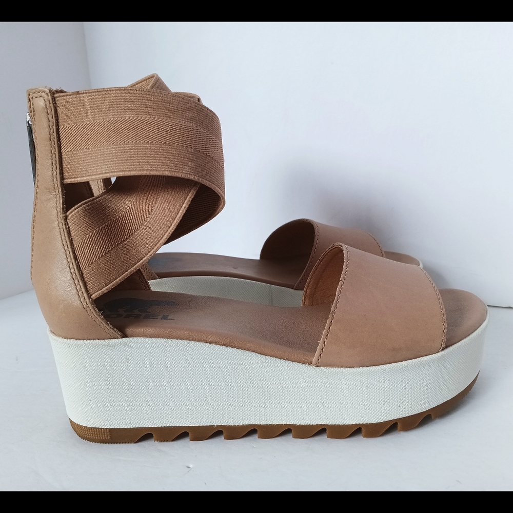 🤎 Sorel Tan Wedge Sandals Ballet Ankle Leather White Womens 5.5 Platform - Picture 6 of 13